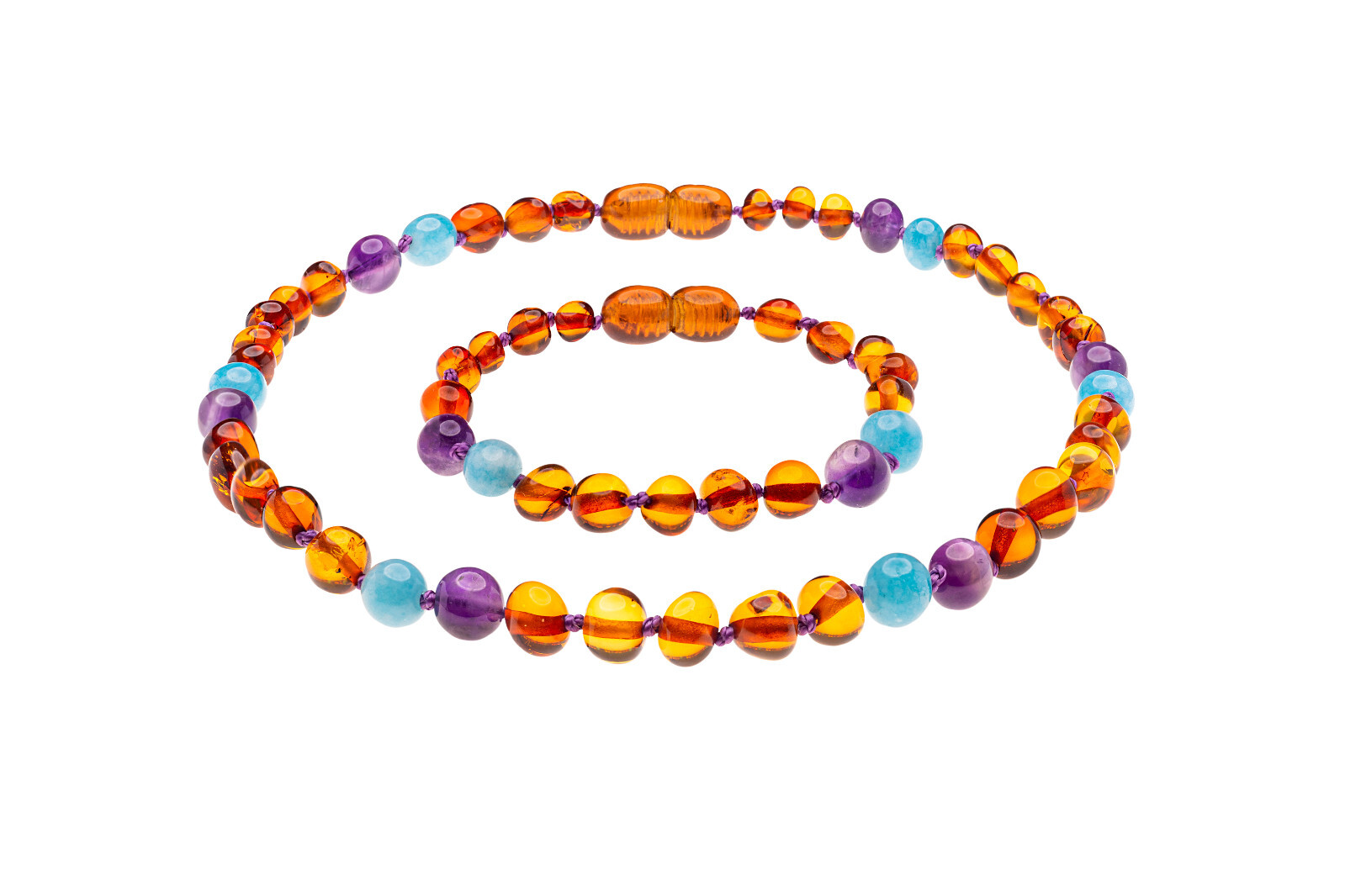 Baltic Amber Necklace and Bracelet Made With Polished Cognac Amethyst Aquamarin