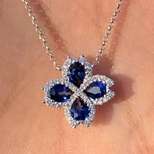 2Ct Pear Cut Natural Sapphire Floral Women’s Pendant 14k White Gold Plated