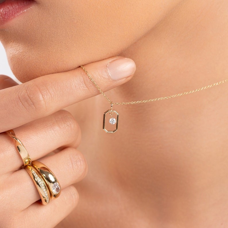 Minimalist Rectangular Design Pendant Dainty Round Moissanite Necklace Gift Her