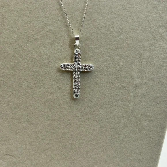 Sterling Silver Crystal Cross Necklace 17″ Stamped 925 Italy Dainty Unbranded