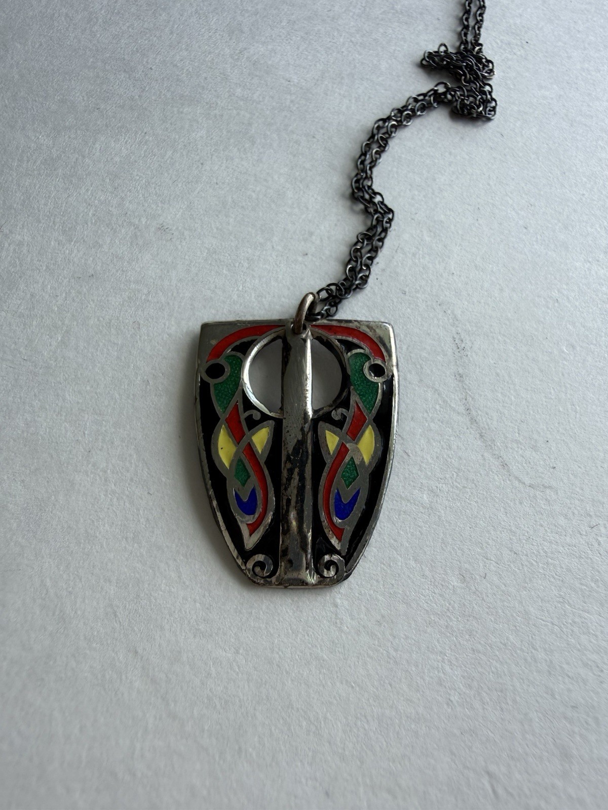Vintage 925 Sterling Silver Enamel Celtic Shield Pendant Necklace Hallmarked