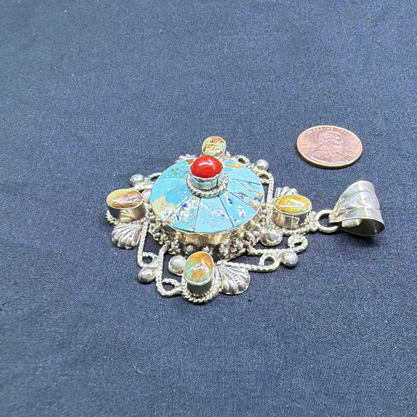 925 Sterling Silver India Turquoise Multi-Stone Inlay Round Pendant Signed