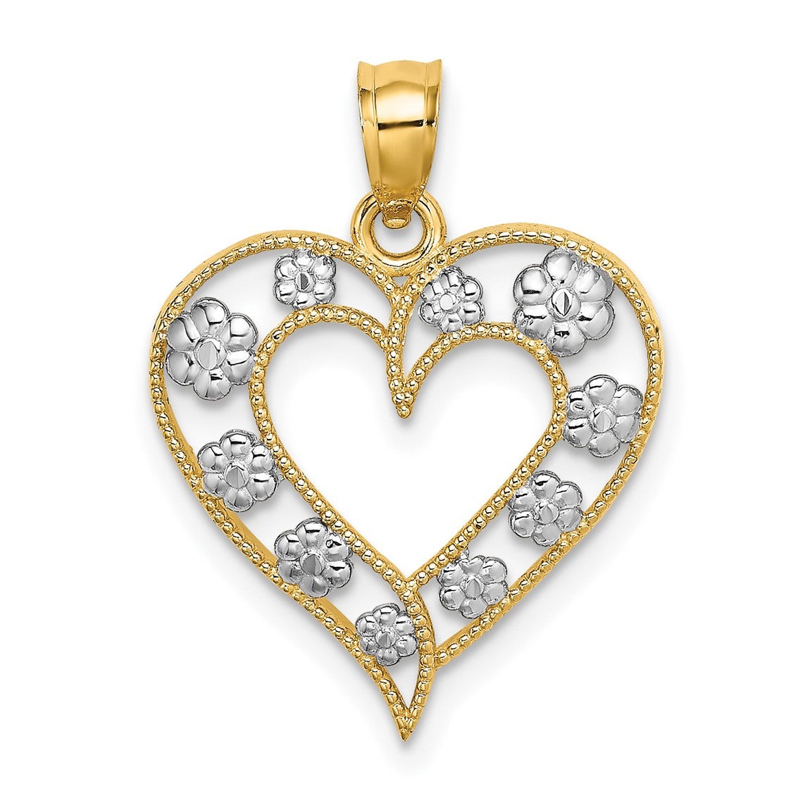 14k Yellow Gold and Rhodium and Beaded Cut-Out Heart w/ Flowers Pendant