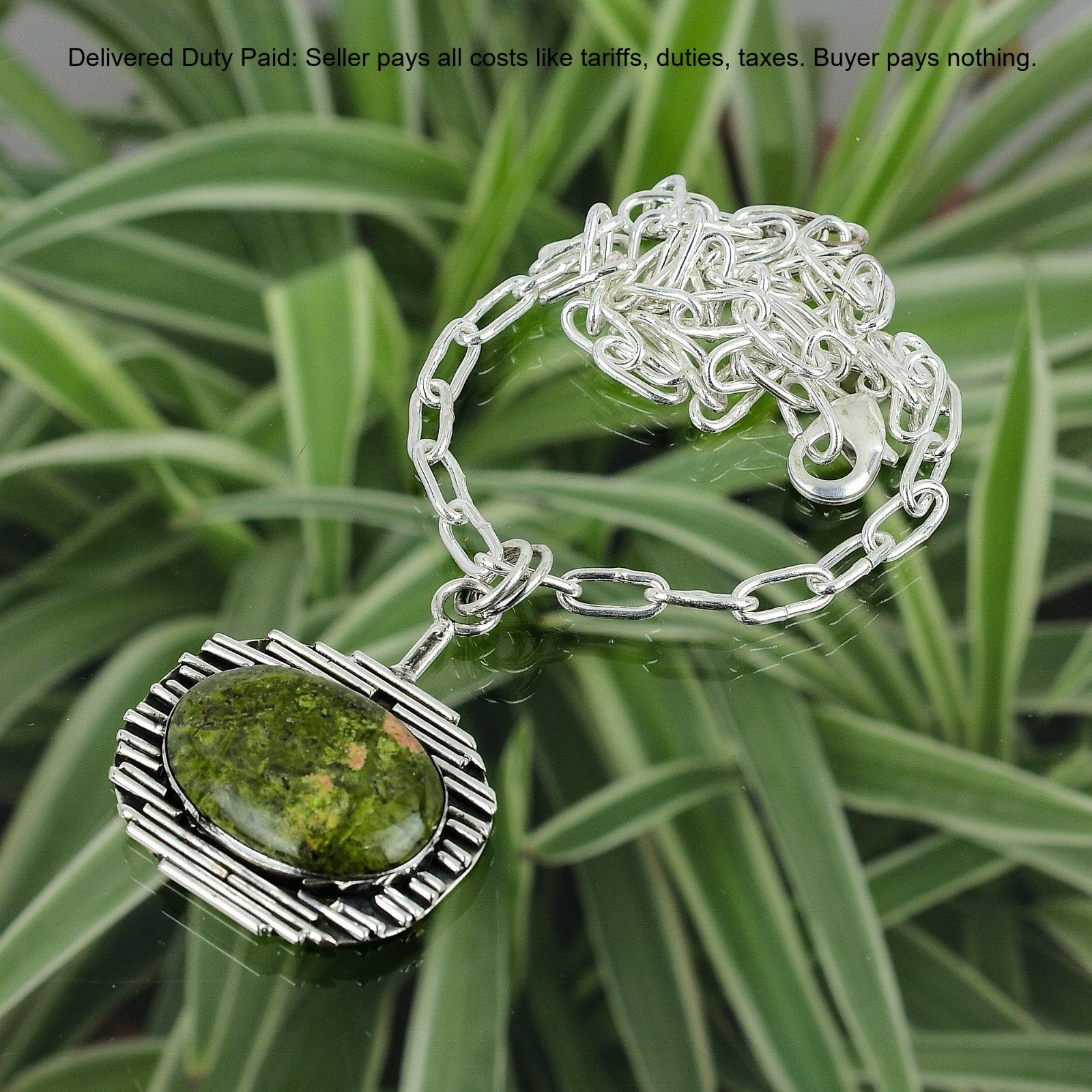 925 Sterling Silver Oval Natural Unakite Sister Birthday Chain Necklace Jewelry
