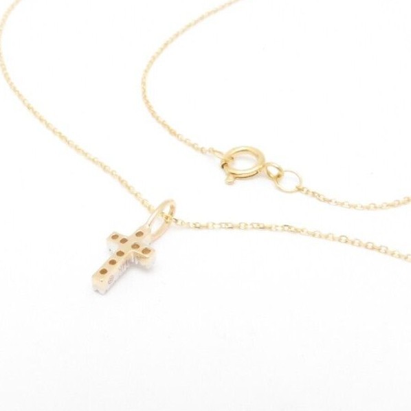 14K SOLID YELLOW GOLD TINY NATURAL DIAMOND CROSS DAINTY PENDANT NECKLACE MINI