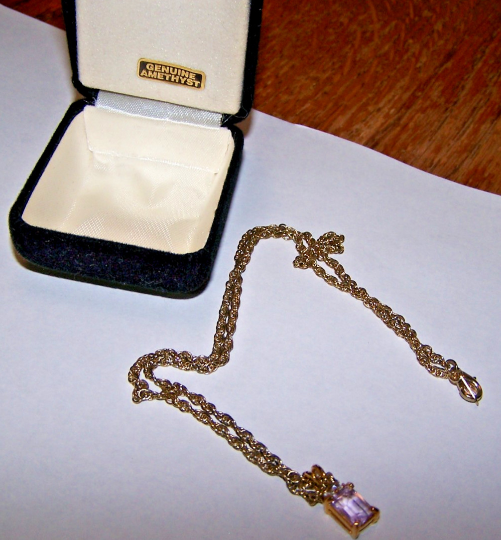 Necklace with Pendant marked Genuine Amethyst. Chain marked “Korea” in case