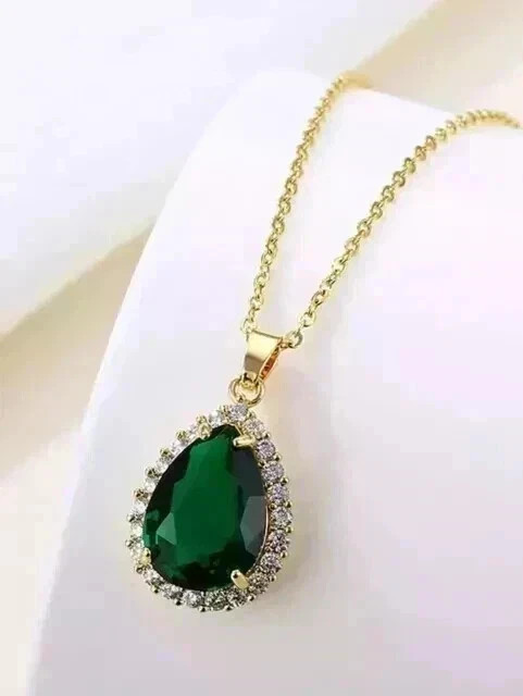 Unique Pear Lab-Created Emerald Women’s Teardrop Pendant 14K Yellow Gold Plated