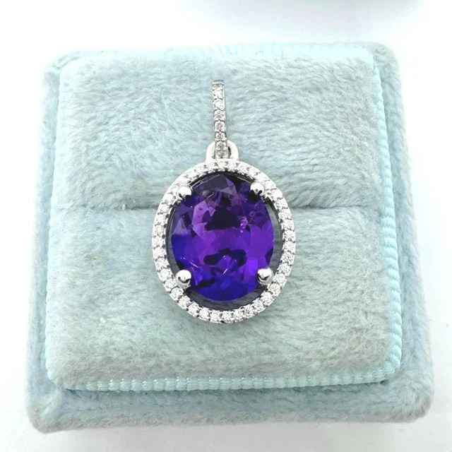 3.00 Ct Oval Cut Lab-Created Amethyst Halo Pendant 14K White Gold Plated Silver