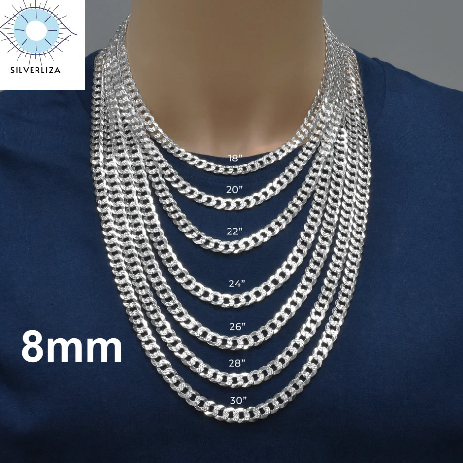 Real 925 Sterling Silver Mens Diamond Cut Curb Cuban Chain Bracelet or Necklace