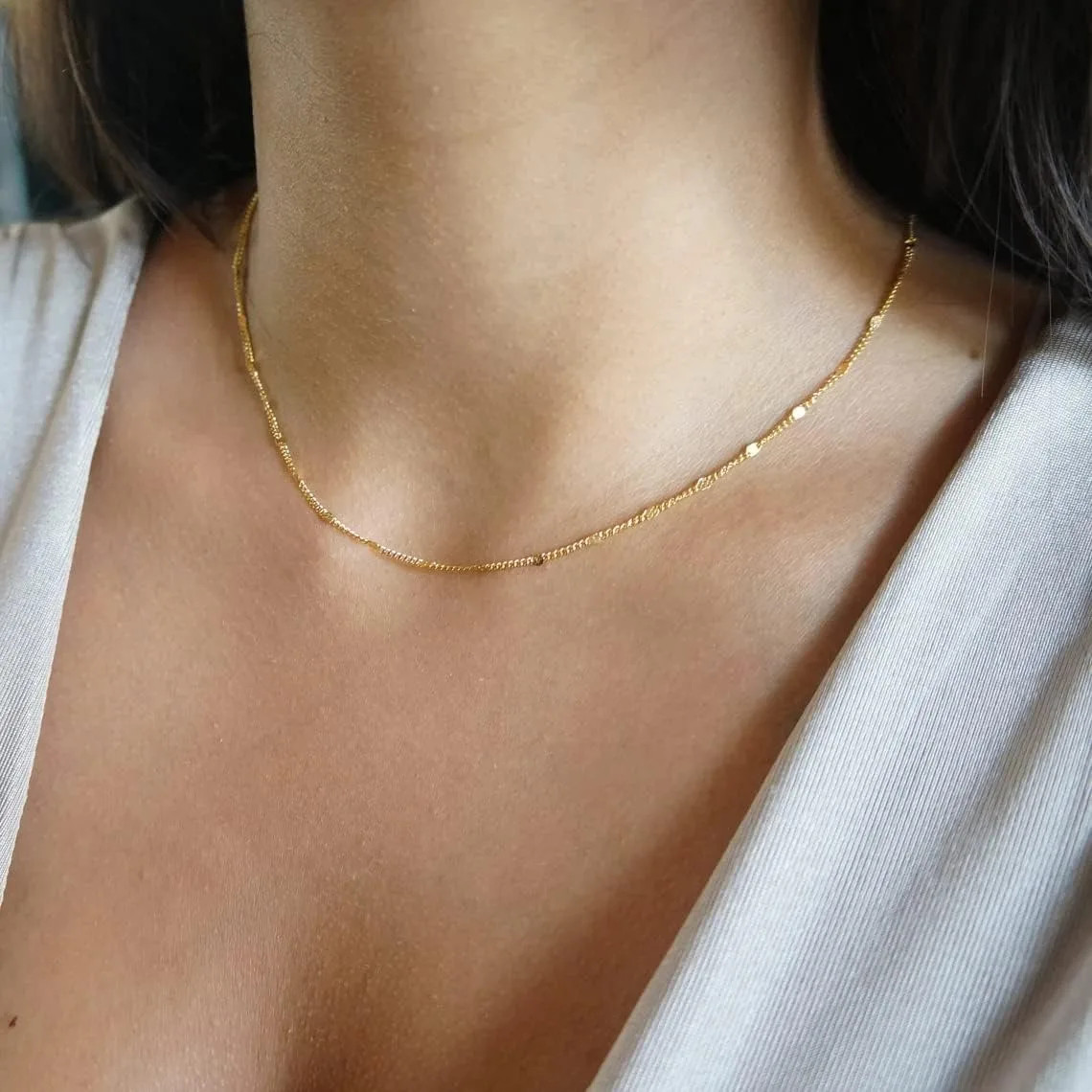 K Gold/Silver Plated Satellite Choker Shining Dots Station Chain Sparkle Chain N