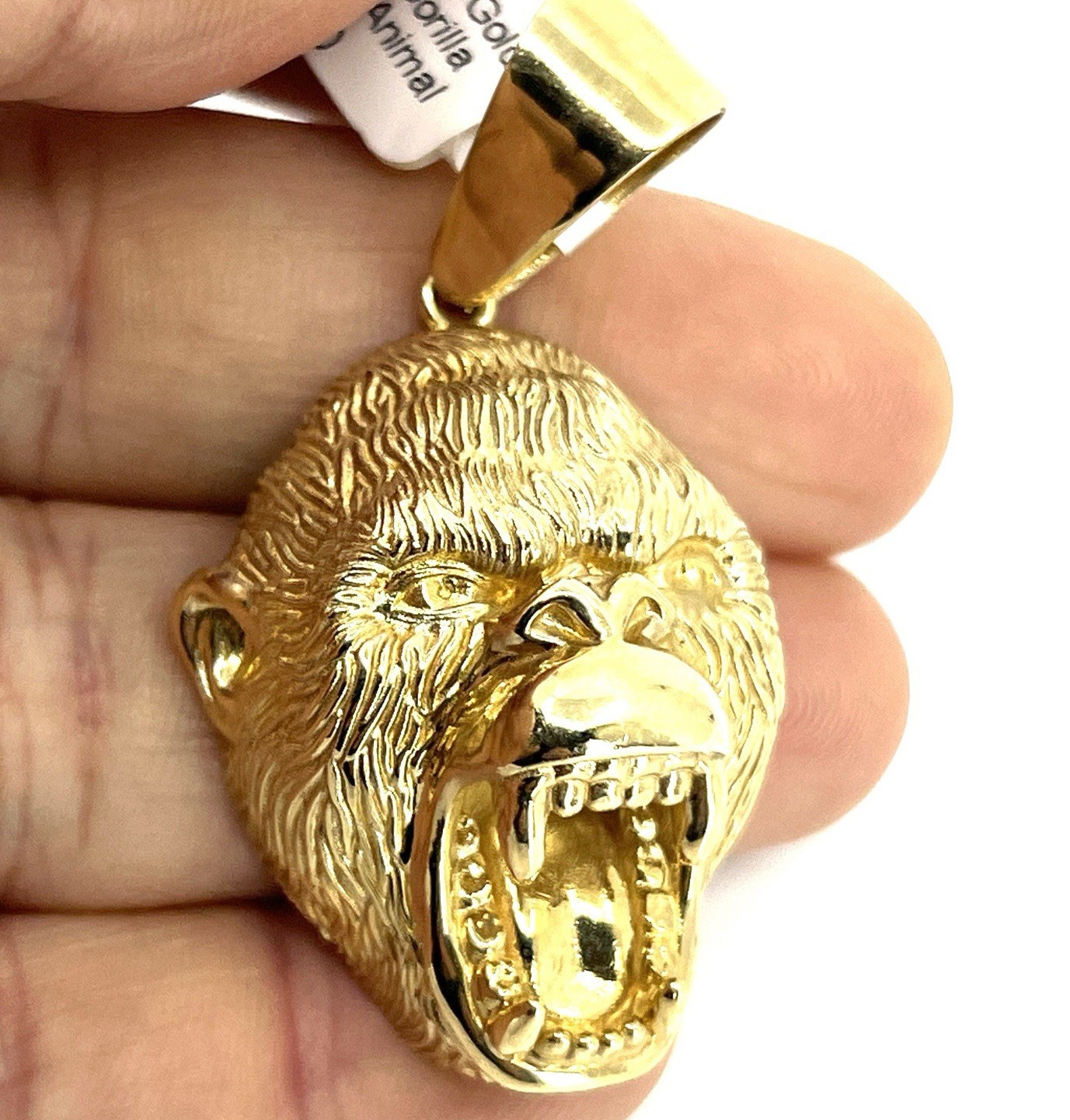 10K Solid Yellow Gold Roaring Gorilla Head Pendant Heavy Silverback Italy