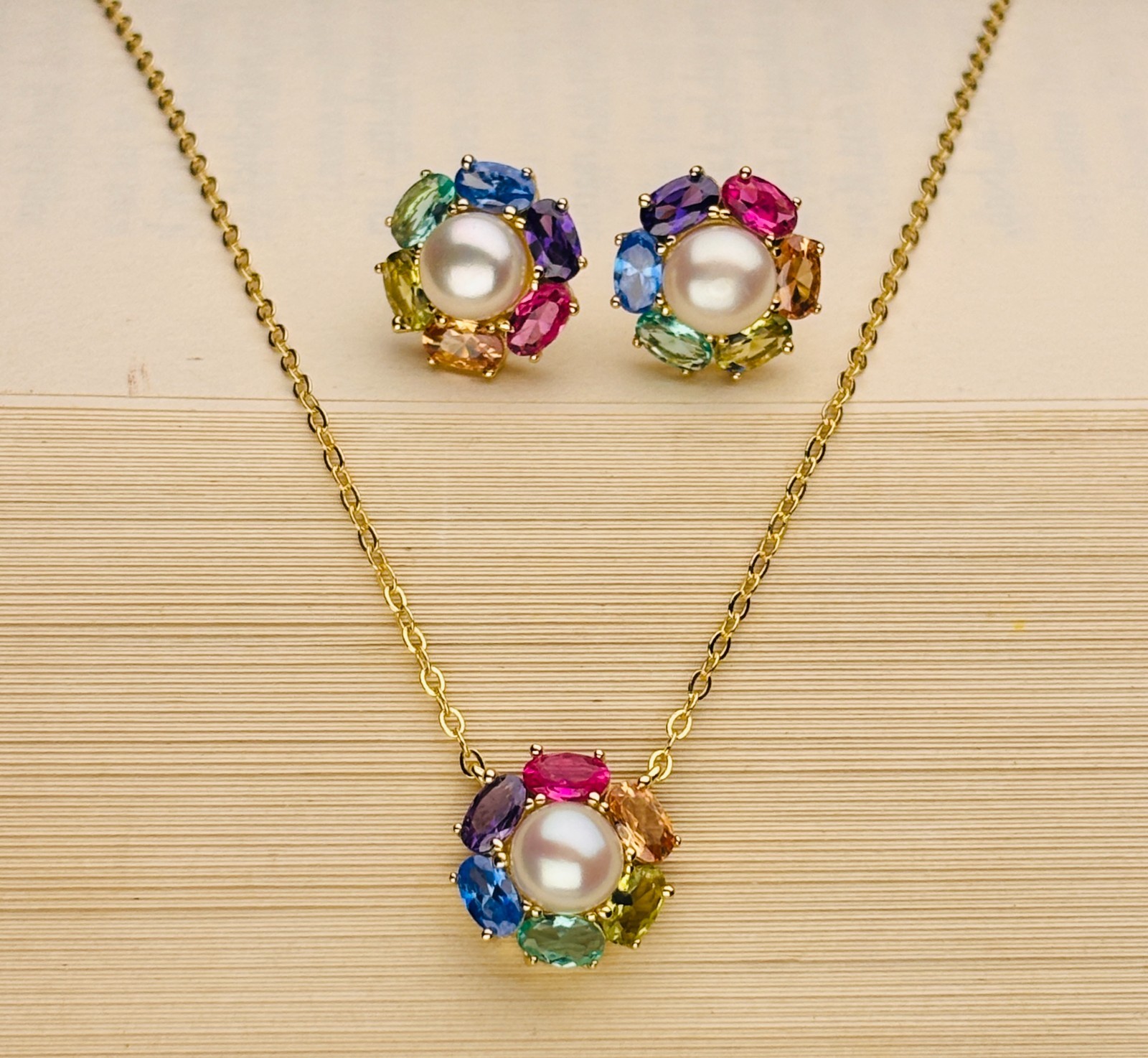 925 Silver Multicolor Gemstone Pearl Flower Pendant & Earrings Gifts For Women