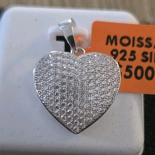 Moissanite Heart Pendant Charm, 925 Sterling Silver, White/Colorless Stone