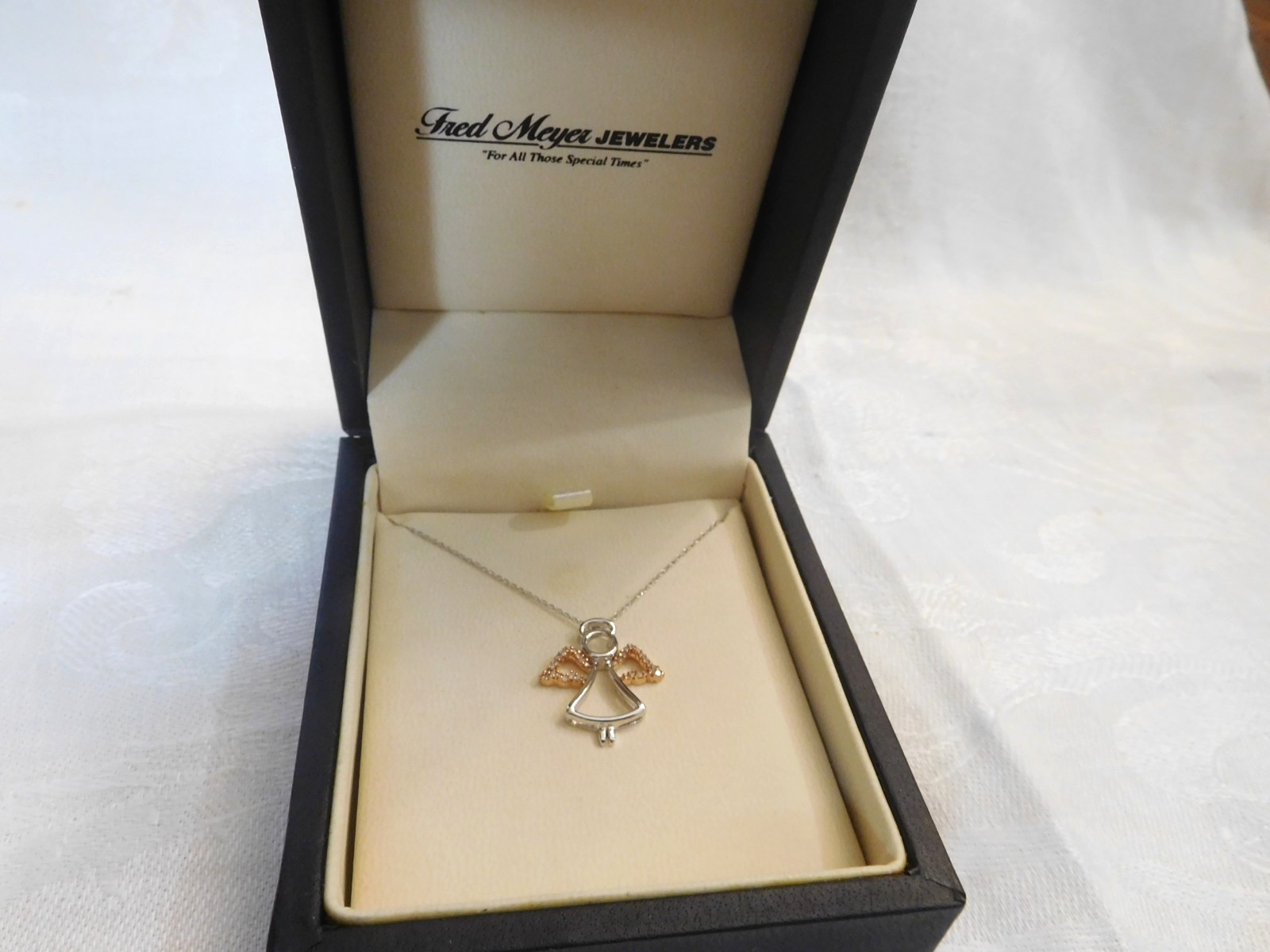 10K Solid White + Rose Gold ANGEL w HALO Pendant JWBR 18″ Inch Chain Necklace