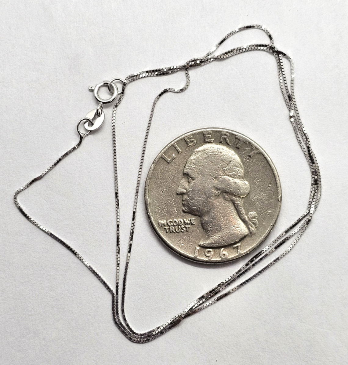 14K White Gold Thin Box Chain Necklace 18″ .95 grams .60mm Spring Ring Clasp NEW