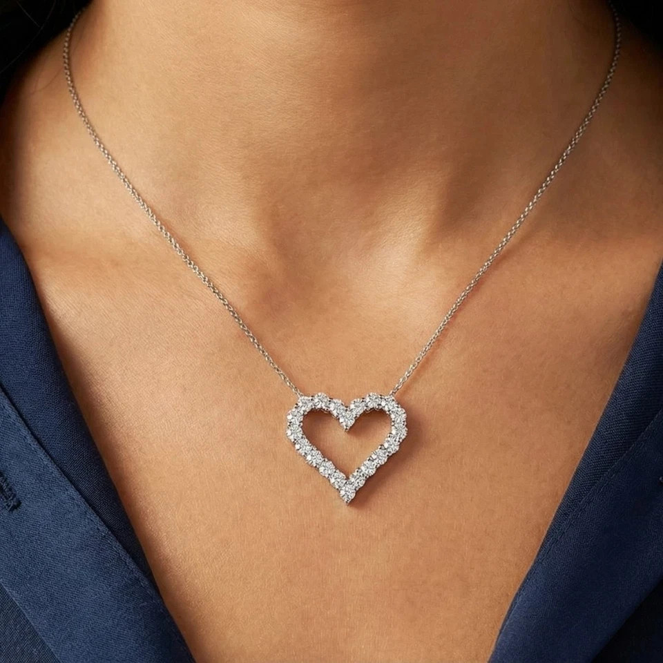 Sterling Silver Heart-Shaped Diamond Pendant Necklace Heart For Women