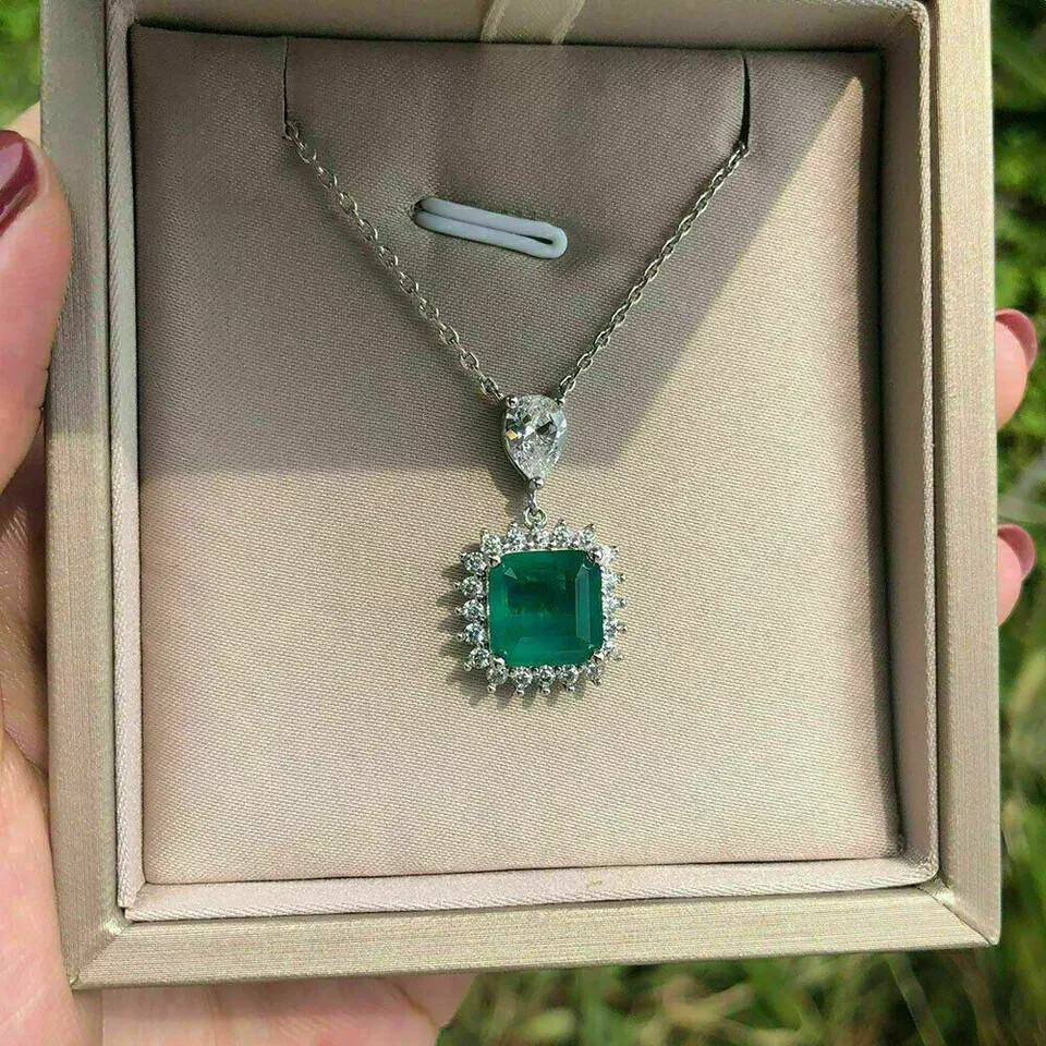 3Ct Asscher Cut Green Emerald Diamond Halo Pendant 14K White Gold Finish Chain