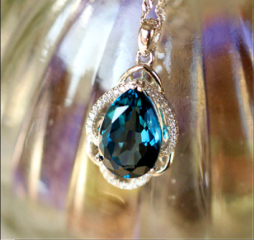 3Ct Pear Cut London Blue Topaz Tea Drop Pendant 14K White Gold Finish Free Chain