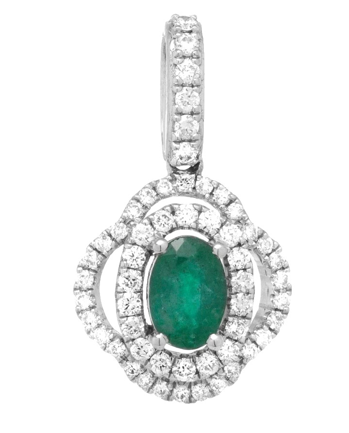 0.78 Ctw Natural Green Emerald & Diamonds Halo Pendant Jewelry In 14k White Gold
