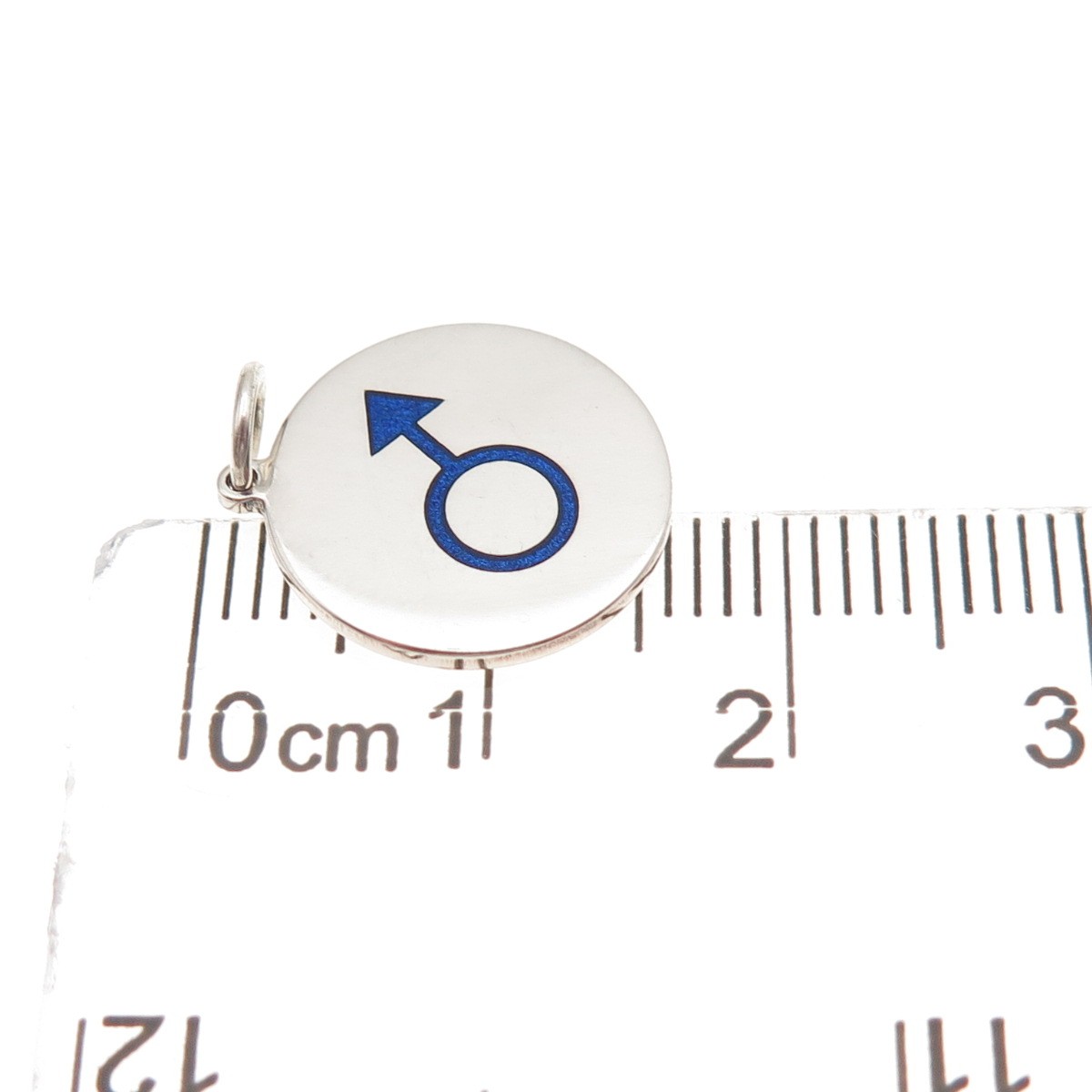 925 Sterling Silver Blue Enamel Male Symbol Round Tag Mini Charm Pendant