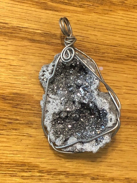 Titanium Raw Geode Silver Druzy Wrapped In Wire Pendant 2 1/4″ x 1 1/2″