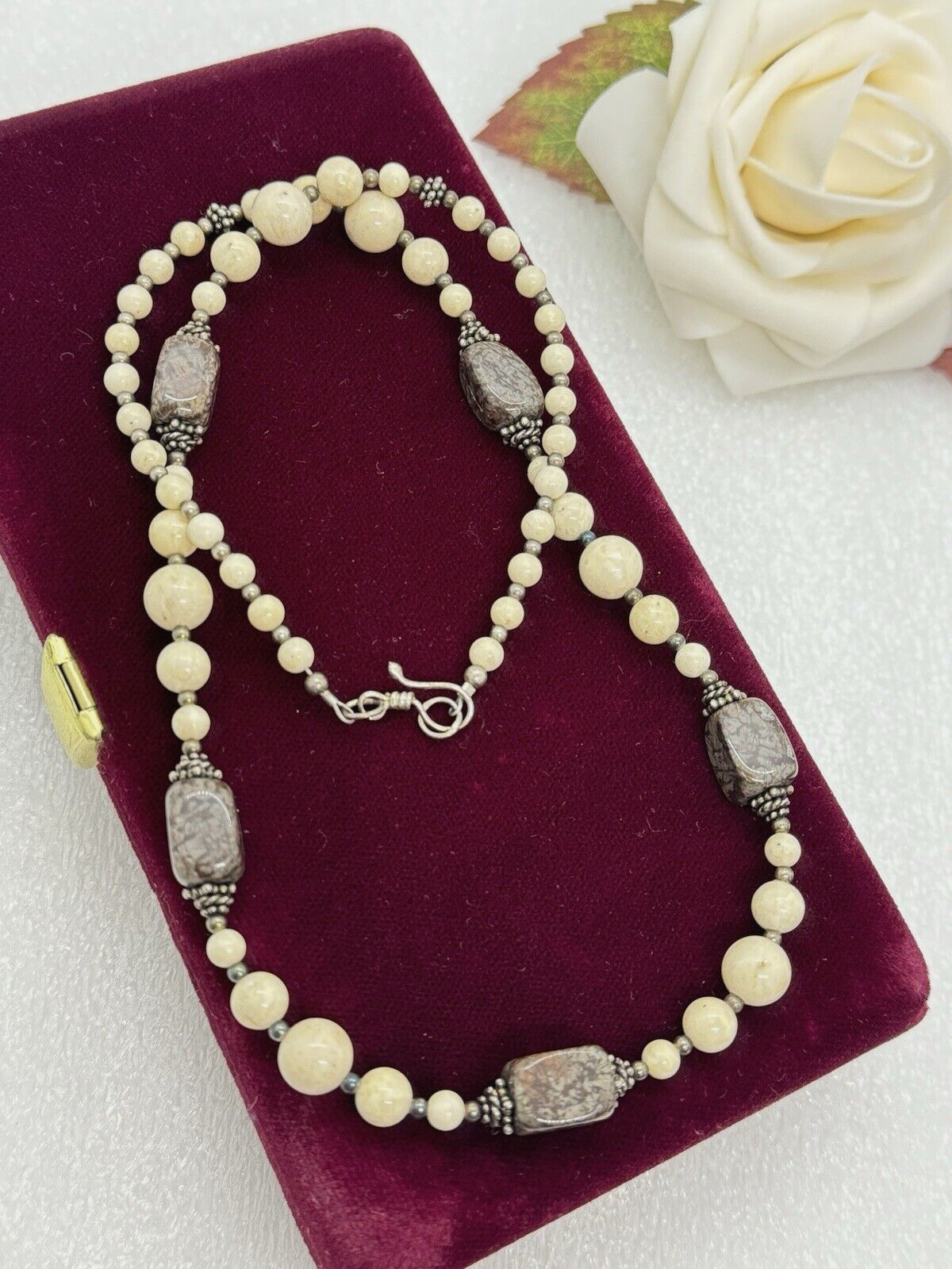 Sterling Silver Gray and Cream Jasper Bead Necklace 21.5″