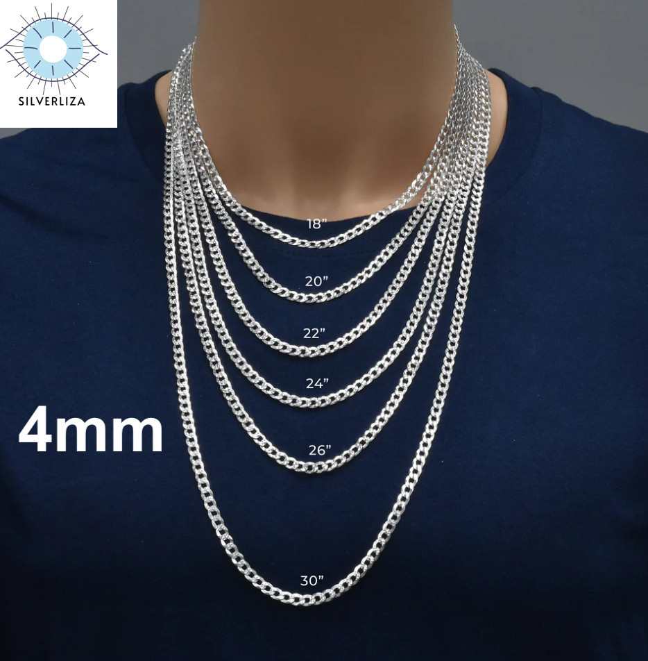 Real 925 Sterling Silver Mens Diamond Cut Curb Cuban Chain Bracelet or Necklace
