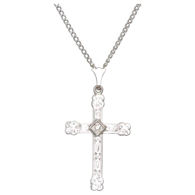 Vintage 14K White Gold Diamond Cross Pendant Necklace