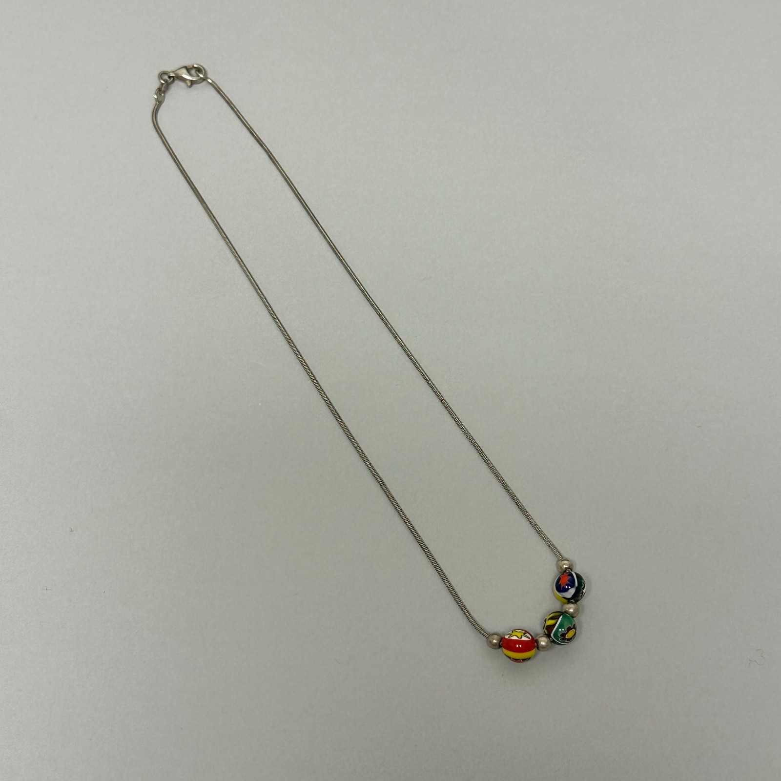 Sterling Silver Venetian Millefiori Beaded Necklace Snake Chain Italy Minimalist