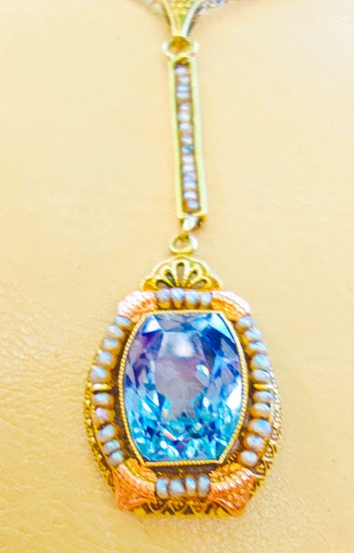GIA 14K Tri-Tone Gold Color-Change Gem Seed Pearl Edwardian Style Pendant 4.92g