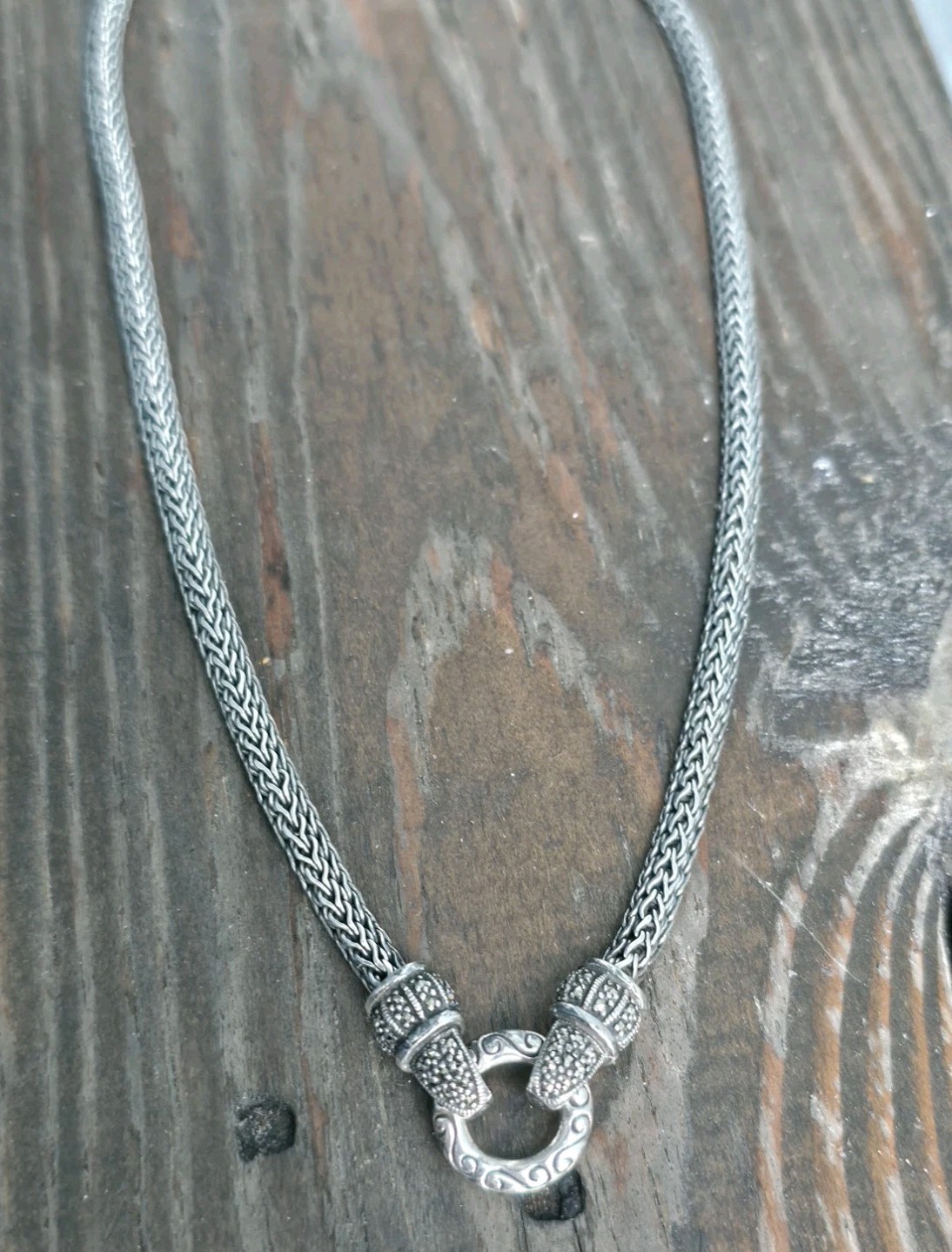 VTG CNA 925 Sterling Silver Marcasite Woven Wheat Chain Front Clasp Necklace 16″