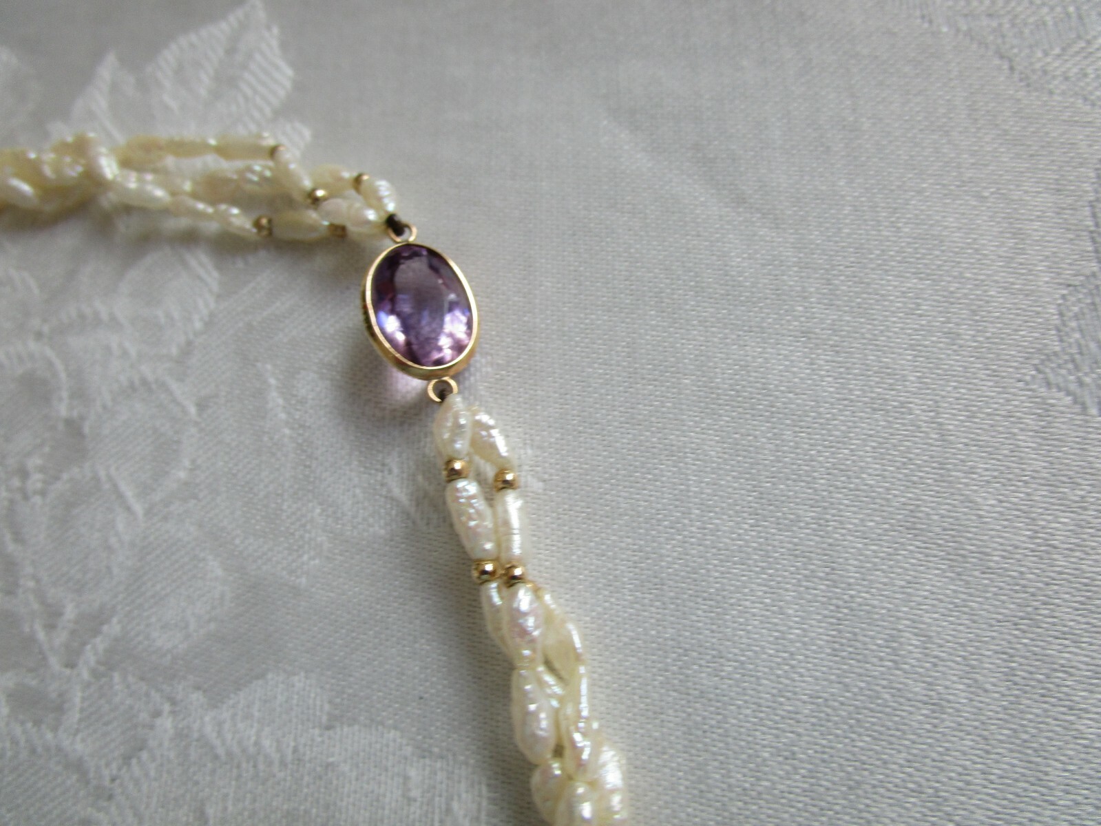 Vintage 14K Yellow Gold Amethyst Pearl Necklace 30″ L Excellent