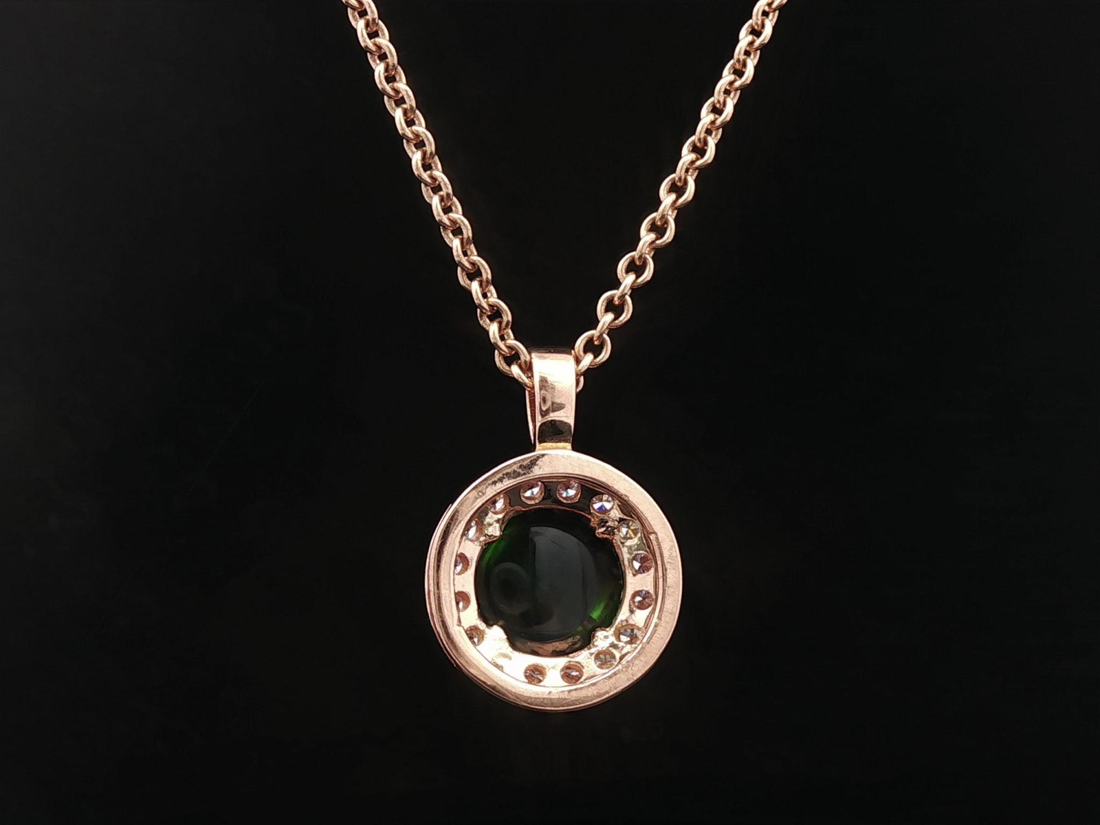 Rosy Yellow Gold High Quality Green Tourmaline Diamond Halo Pendant Necklace