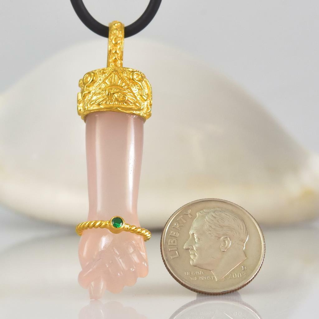 Gold Vermeil Sterling Mano Fico Figa Pendant Carved Chalcedony Emerald 10.64 g