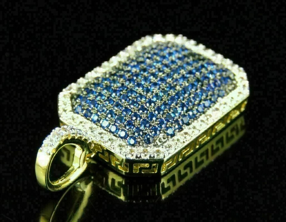 3Ct Round Blue Sapphire Diamond Pendant Necklace With Chain 14k Yellow Gold Fn