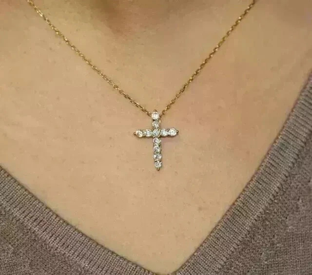 2Ct Round-Cut Moissanite Cross Pendant 14K Yellow Gold Plated 18″ Chain Free