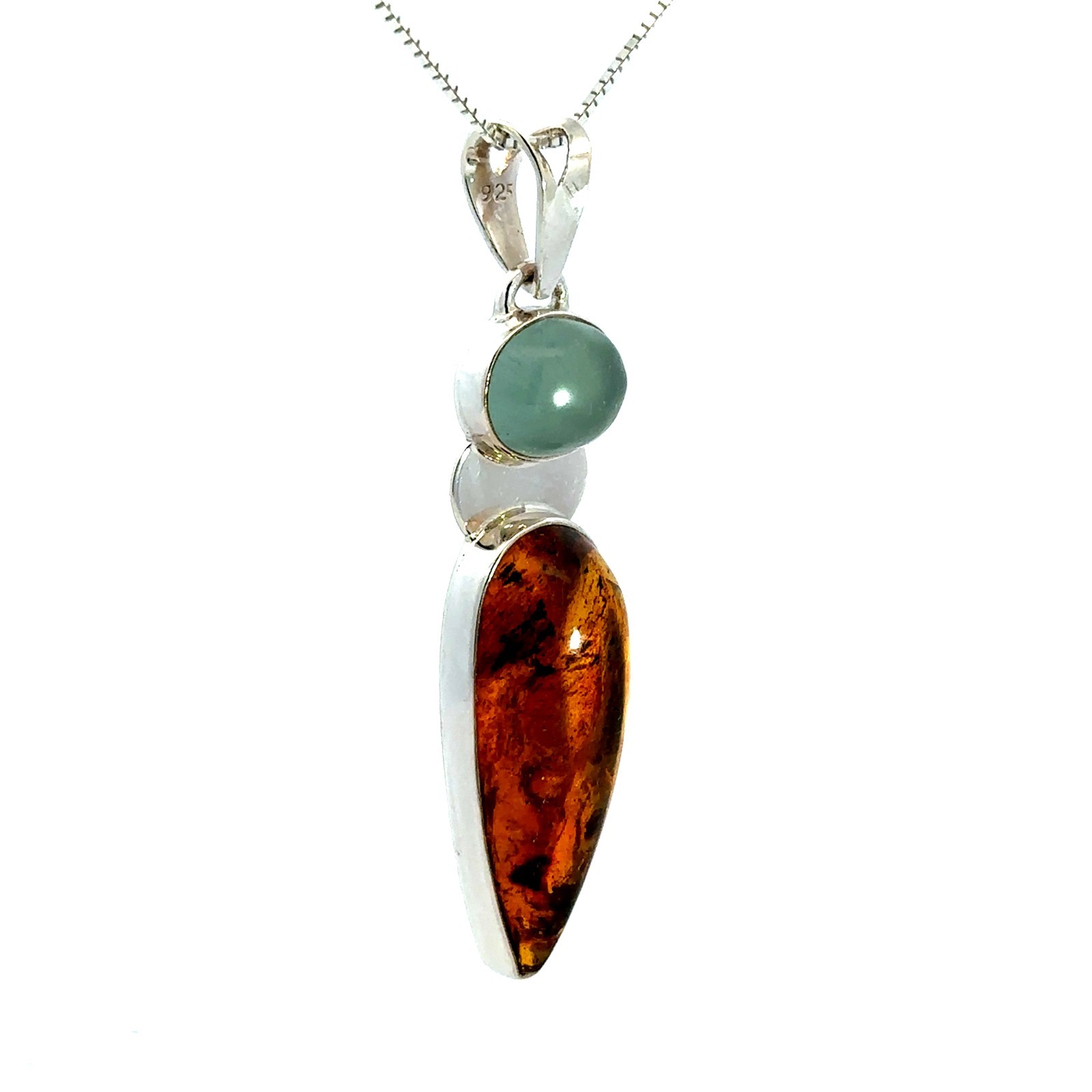 Sterling Silver Baltic Amber And Chalcedony Pendant (1/2 x 2 3/8 Inch)