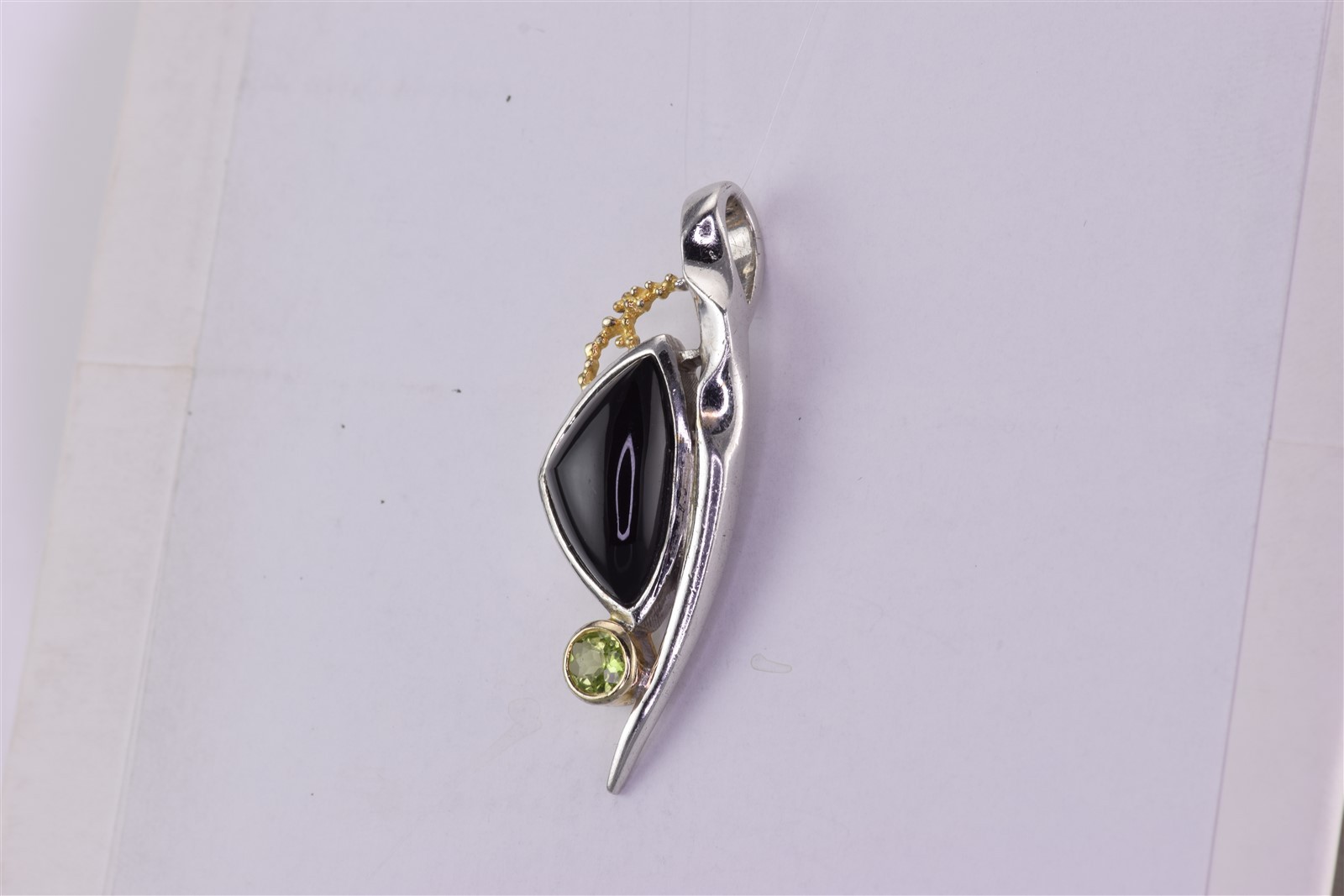 Sterling Silver 49mm x 16mm Black Onyx Saber Sword Peridot 925 Pendant