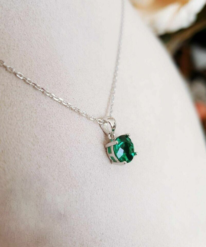 3CT Lab Created Green Emerald Pendant Necklace With Chain 14k White Gold Plated