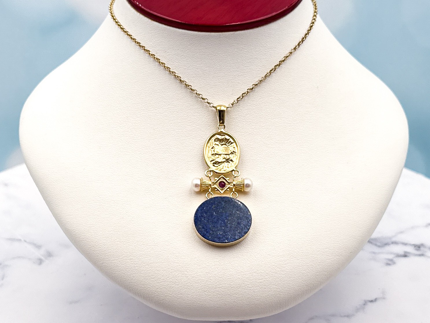 TAGLIAMONTE Designs (2385P-Lapis) 925SS/YGP Lapis Cameo Pendant *Cupid*Reg.$200