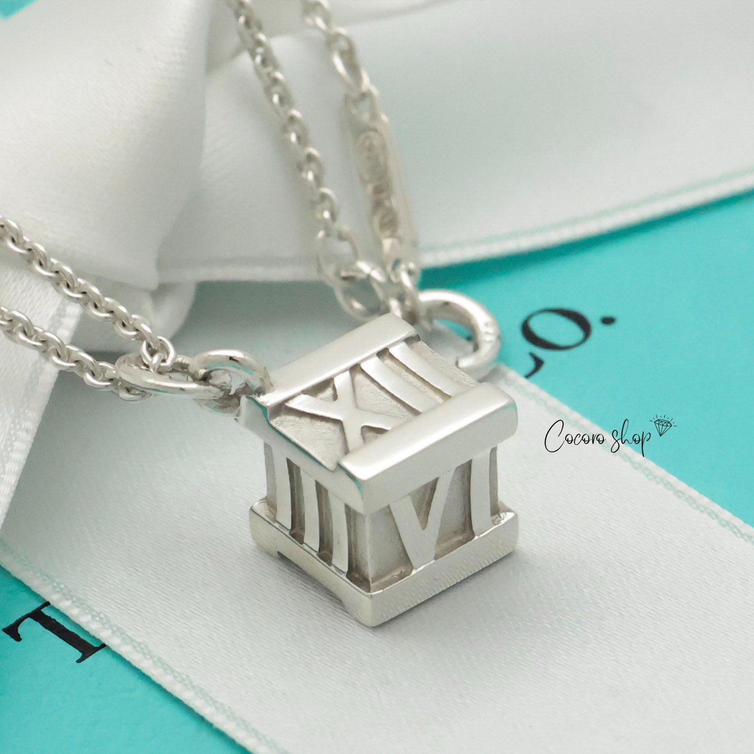 Authentic Tiffany & Co. Atlas Cube Pendant Necklace 16.8″ Silver 925 w/Pouch
