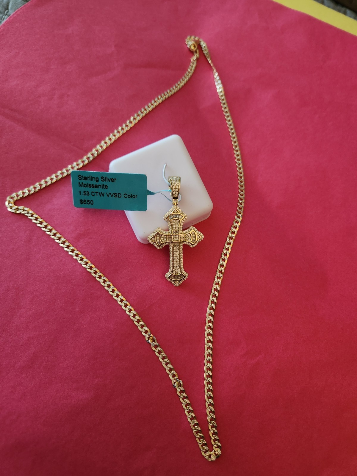 1.53 Ctw Moissanite Gold Tone Cross Sterling Silver .925 22″ Italy .925 Chain