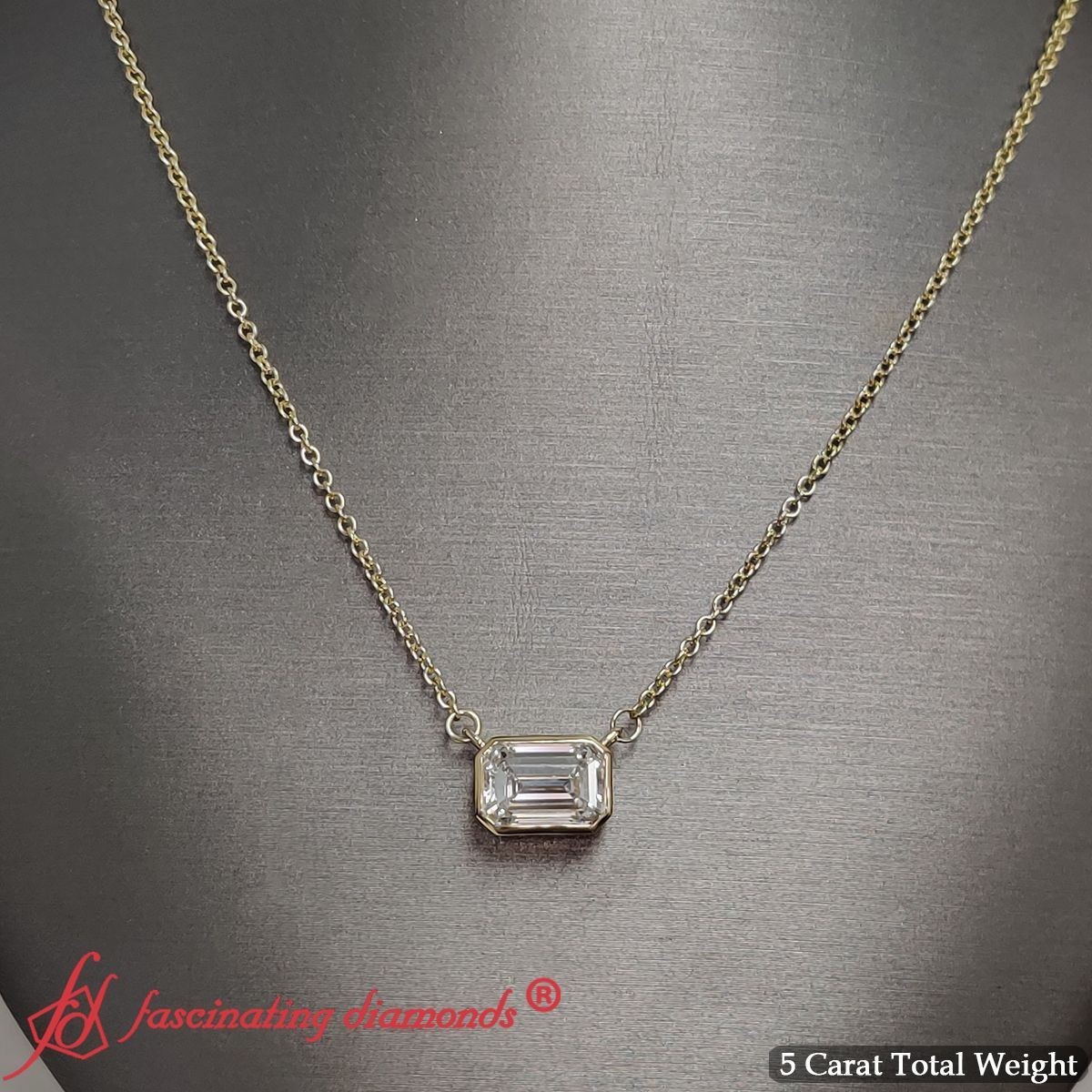 Emerald Cut Lab Grown Diamond Bezel Set Horizontal Solitaire Pendant 14K Gold