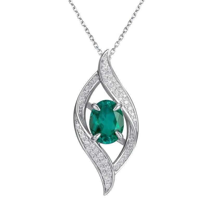 S925 Sterling Silver Lab-Grown Emerald Necklace Interwoven Pendant 9x7mm 40/45cm