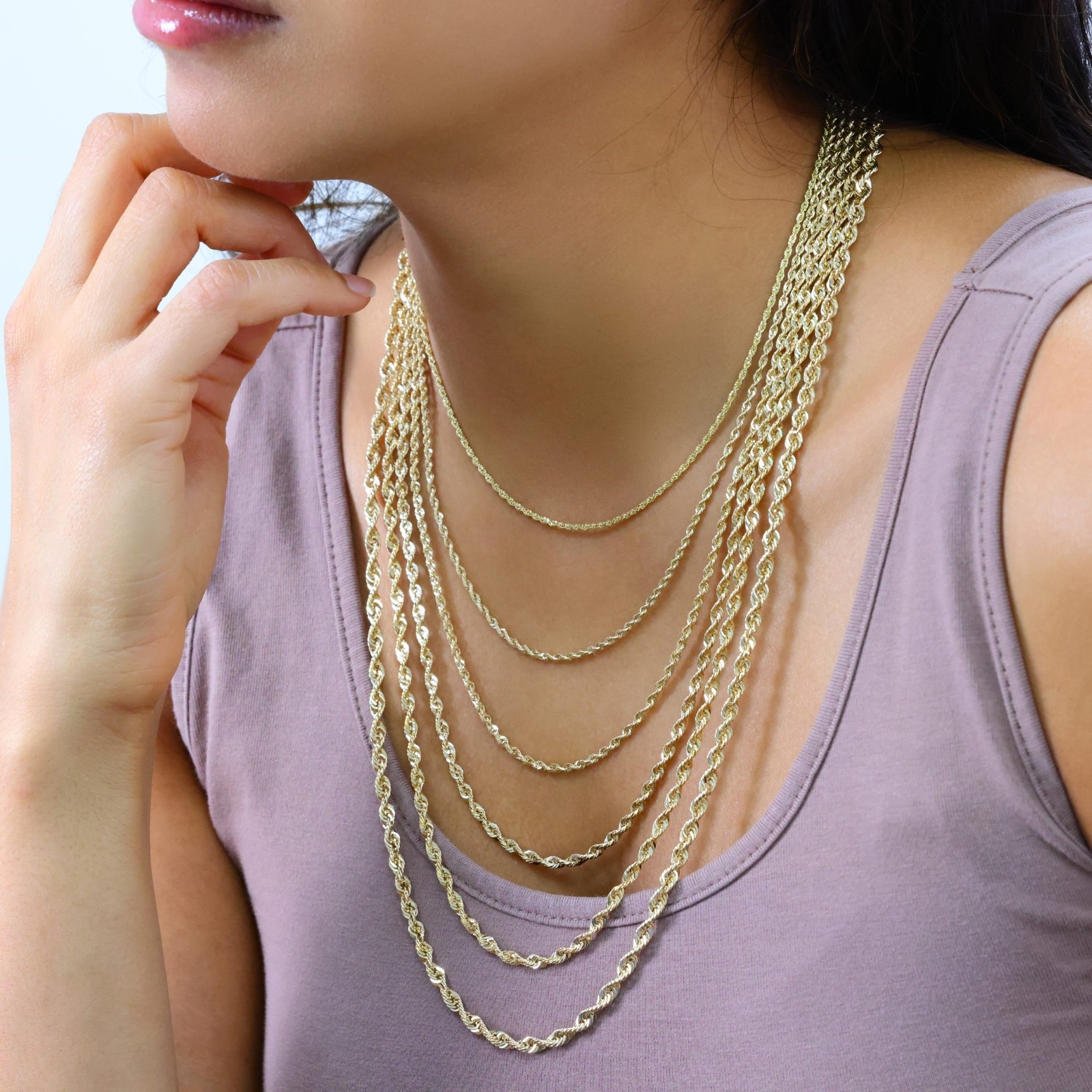 10K Yellow Gold 1mm-4mm Light Diamond Cut Rope Chain Necklace Men Women 16″- 30″
