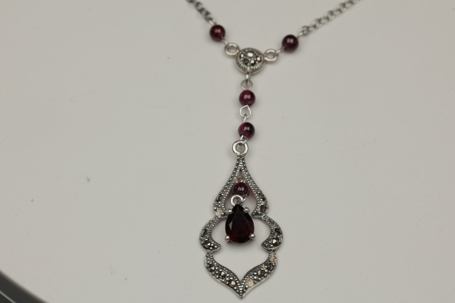 Vintage 925 Sterling Silver Marcasite Garnet Beaded Y-Drop Pendant Necklace 25g