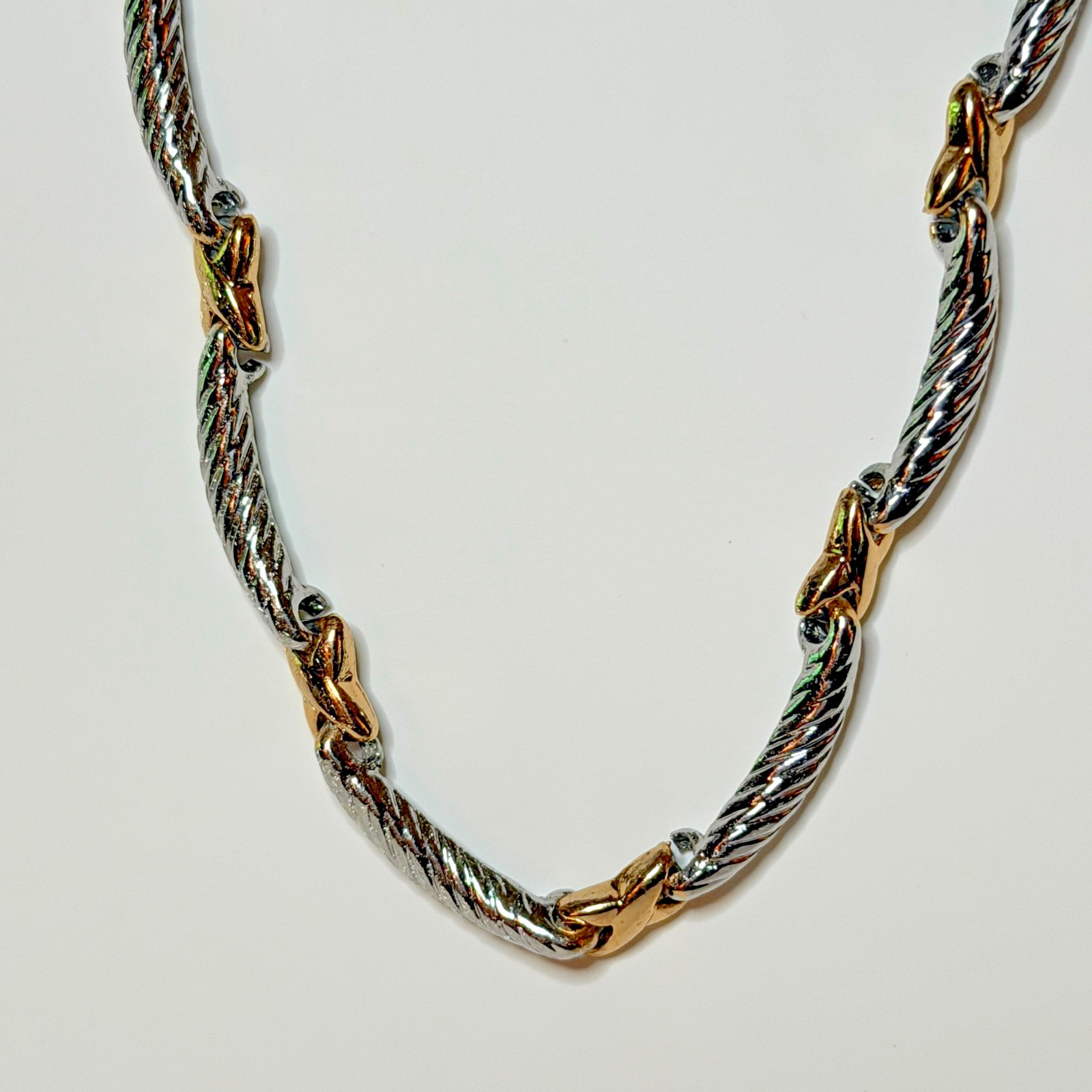 Elegant Two Tone Rope Chain Necklace Gold Tone Silver Tone Twist w/ “X” links 8”