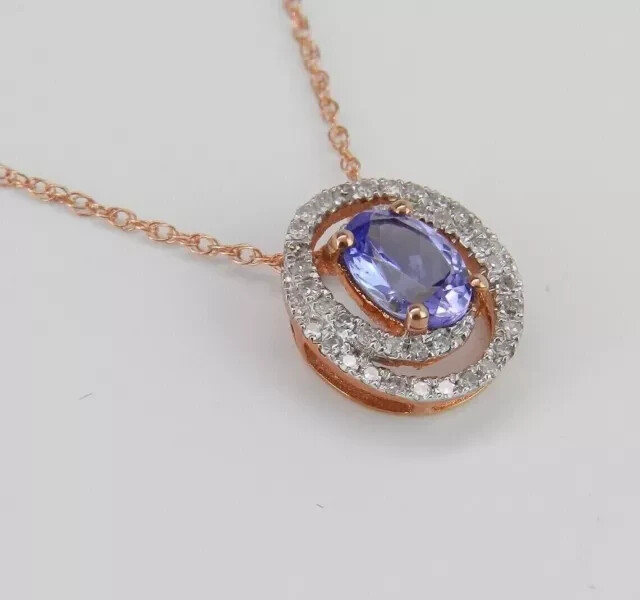 14K Rose Gold Plated 2Ct Oval Lab Created Blue Tanzanite Halo Pendant Necklace