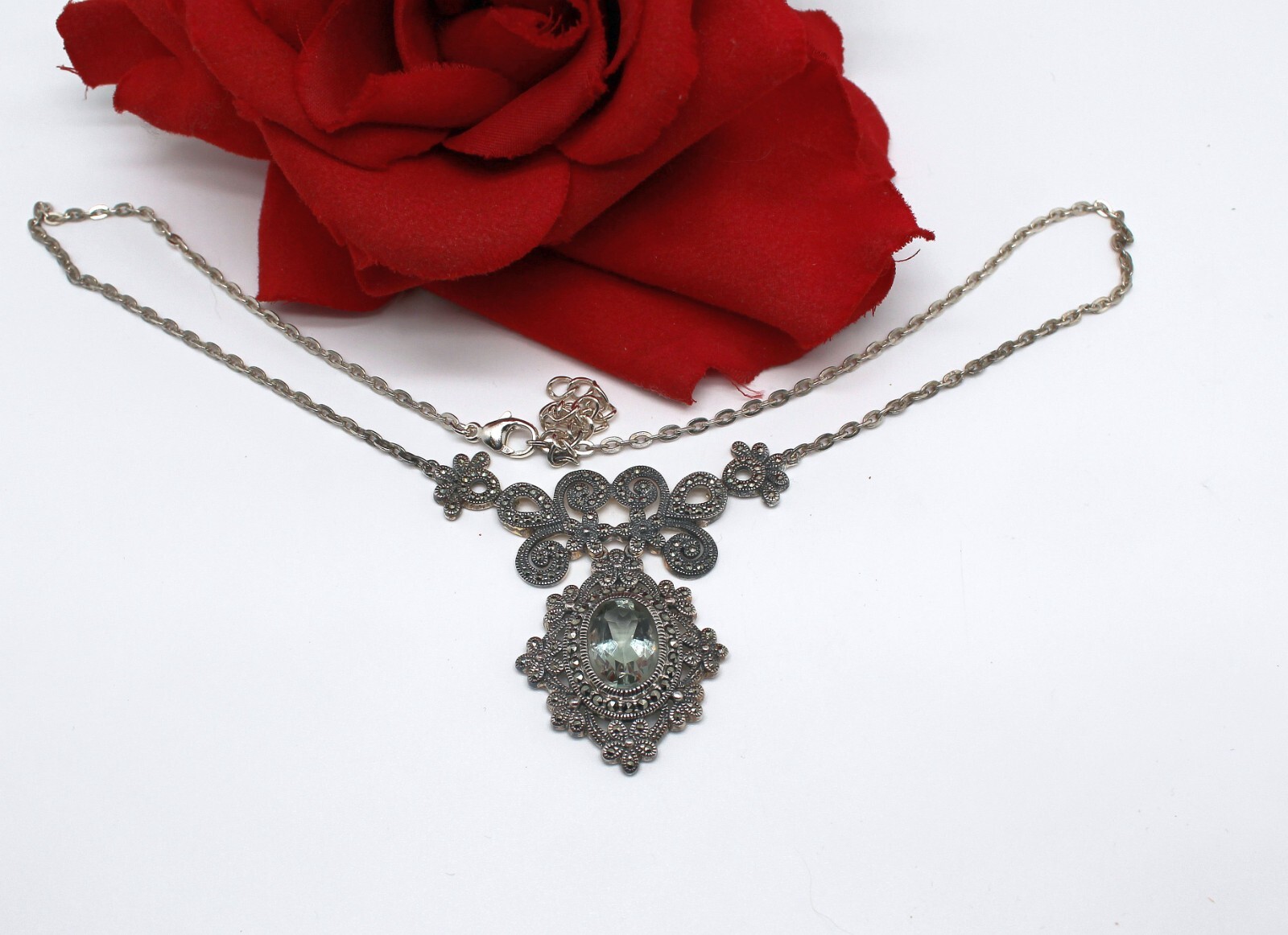 Sterling Silver Aquamarine Marcasite 17.98g Necklace CAT RESCUE