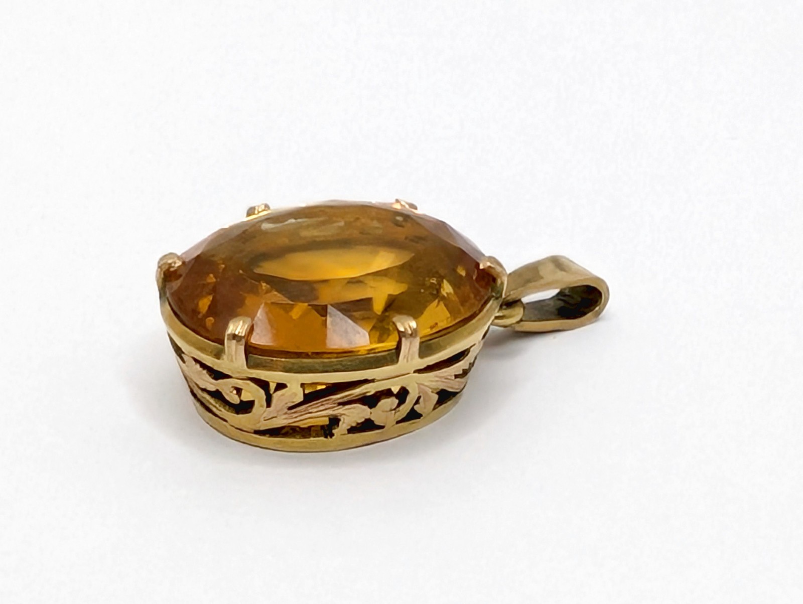 Massive Vtg Handmade 14K Rose Gold 8.5 CT Oval Faceted Citrine Pendant – 6.1g